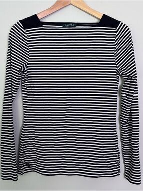 Lauren Ralph Lauren Striped Long Sleeve Boat Neck Tee-Black/White-Petite Medium